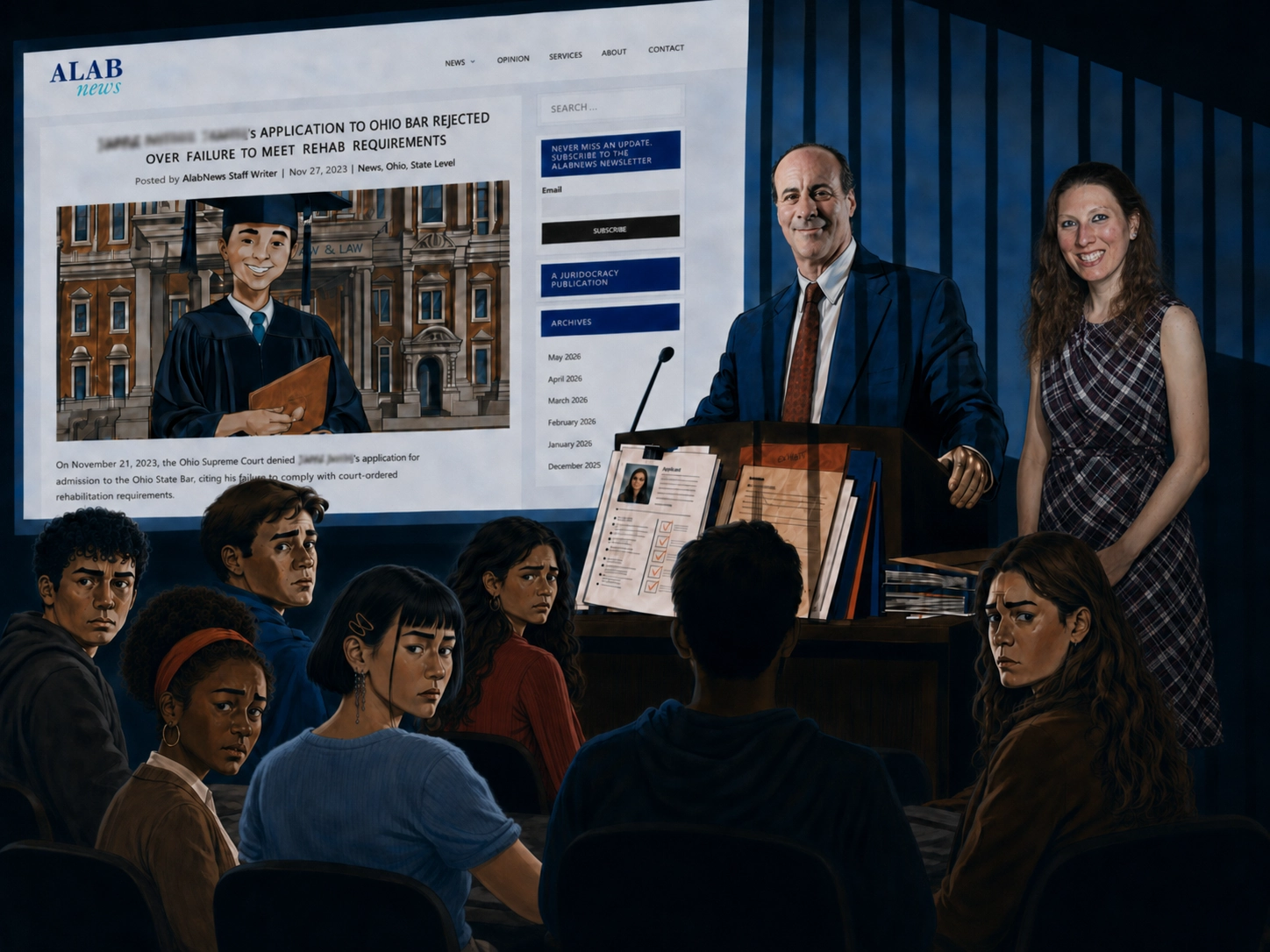 Editorial image of Aliza Shatzman beside Edward Weinhaus as students react to a projected article about a law graduate with the victim name redacted