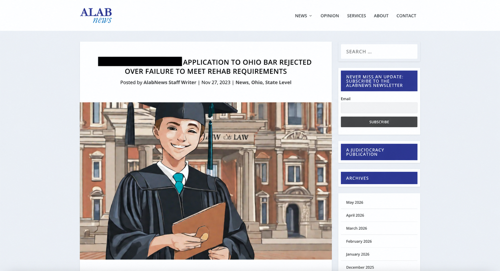 Redacted ALABnews article showing a graduation-style image beside a public-facing bar-admission headline